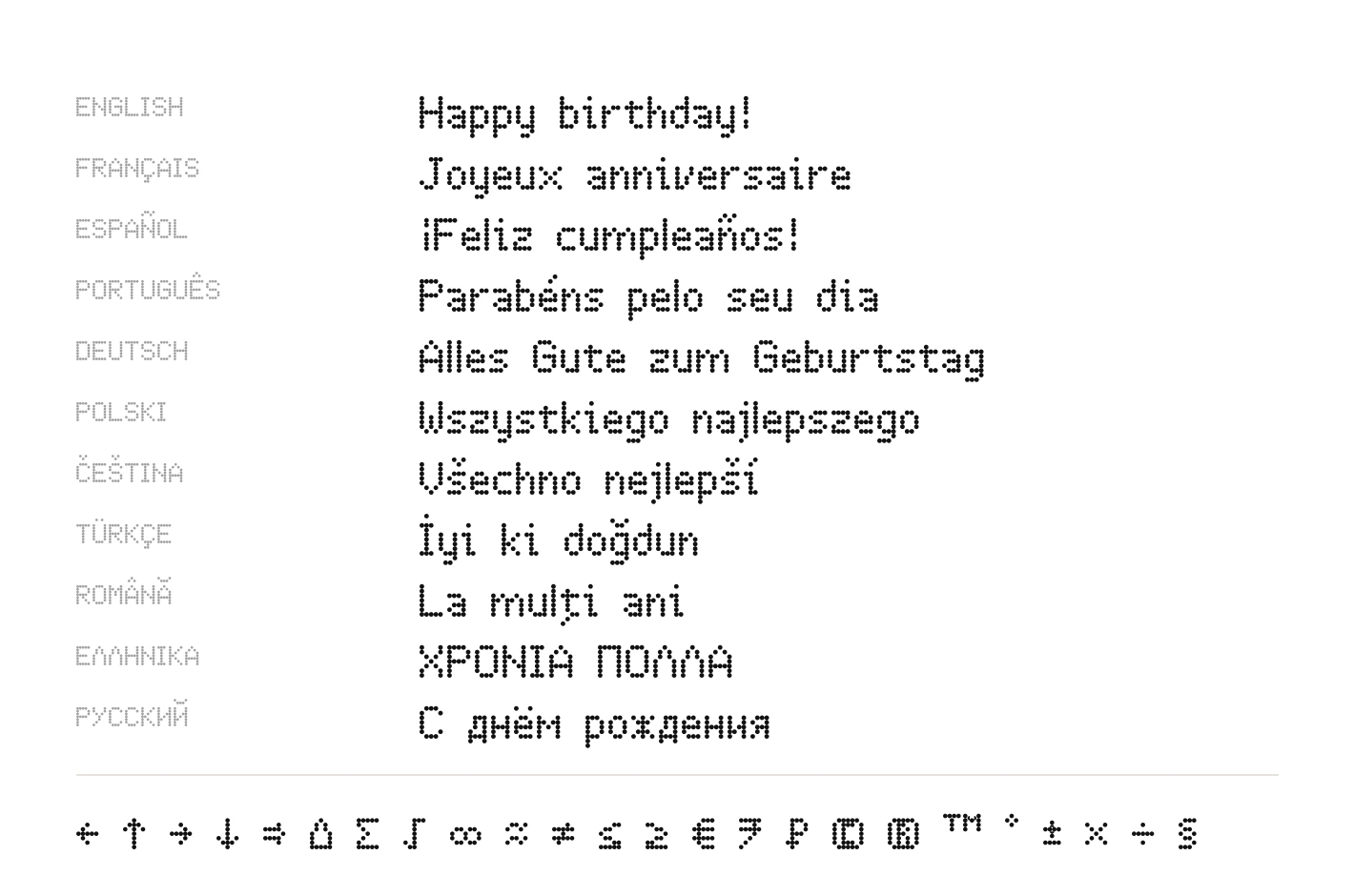 Ndot-47 rendering birthday greetings in eleven languages plus arrows, maths and currency symbols